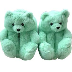 GREEN TEDDY BEAR PLUSH SLIPPERS